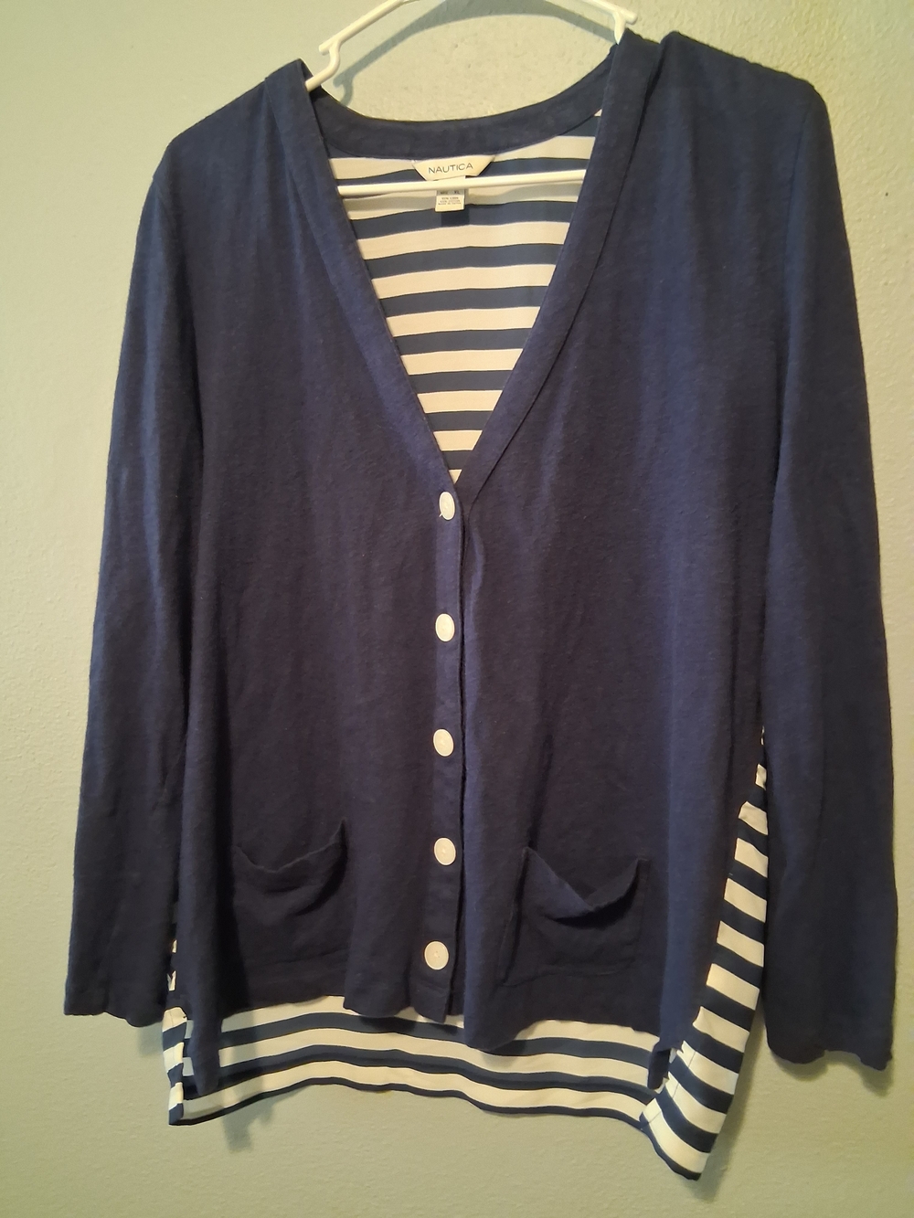 Nautica Navy Button-Front Cardigan With Anchor Design Buttons Linen Blend Large